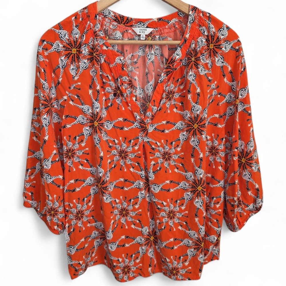Crown & Ivy Top Womens XL Orange Giraffe Print V Neck Peasant Blouse Casual